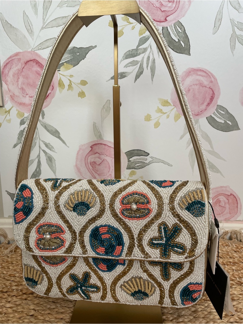 America & Beyond Beaded White Shoulder Bag Floral Coral Navy NWT